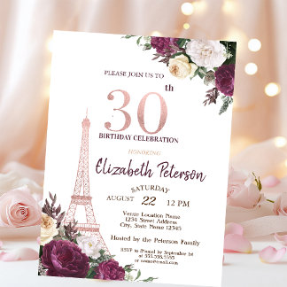 Eiffelturm Burgund Blume 30. Geburtstag Einladung