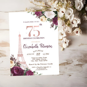 Eiffelturm Burgunder Blumen 75. Geburtstag Einladung