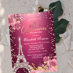 Eiffelturm Diamanten Rosen Rote Quinceanera Einladung
