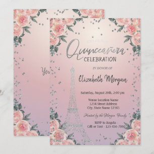Eiffelturm Diamonds Blume Pink Quinceañera Einladung