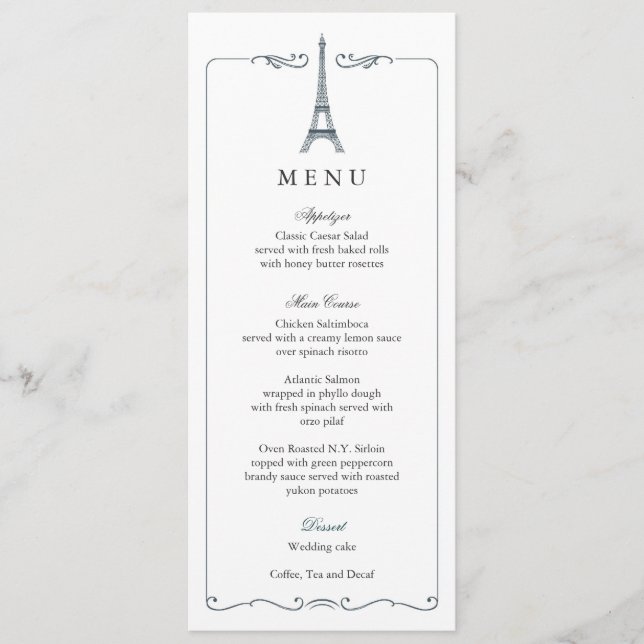 Eiffelturm Elegante Hochzeitskarte Menükarte (Vorderseite)