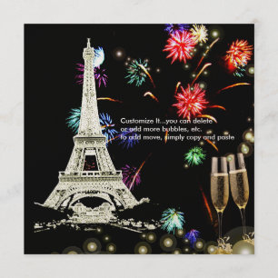 Eiffelturm+Feuerwerk Champagnerblasen Einladung