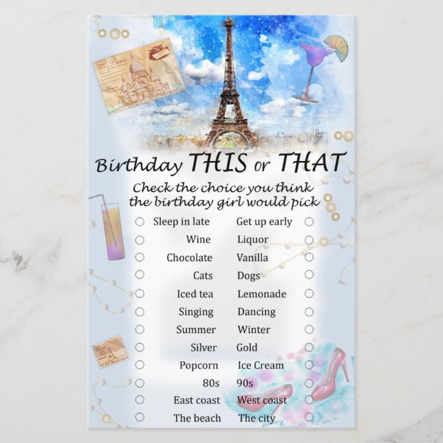 Eiffelturm Geburtstag dieses oder jenes Spiel (Vorderseite)