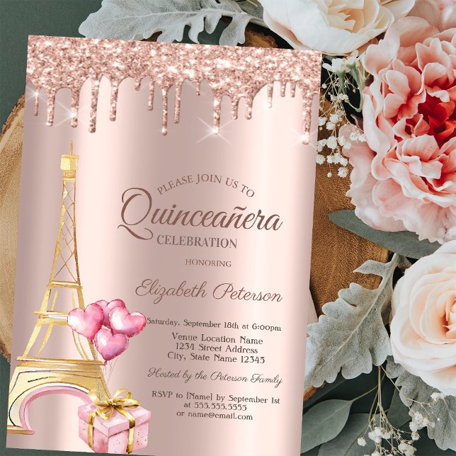 Eiffelturm Geschenk Ballons Rose Gold Tropfen Einladung (Von Creator hochgeladen)