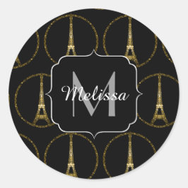 Eiffelturm Gold Glitzer Glitzern Black Monogram Runder Aufkleber