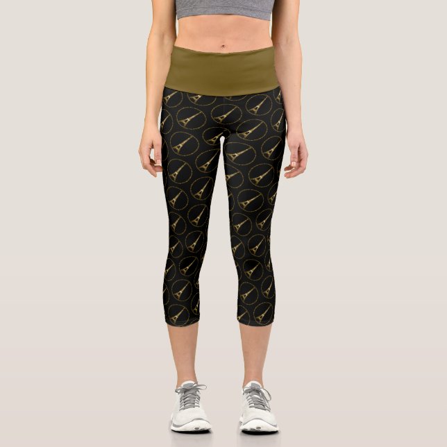 Eiffelturm Gold Glitzer Glitzern Schwarzes Muster Capri Leggings (Vorderseite)