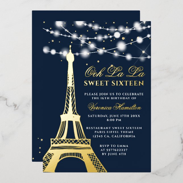 Eiffelturm goldfarbene Glitzer leuchtet blau Sweet Folieneinladung (Vorderseite/Rückseite)