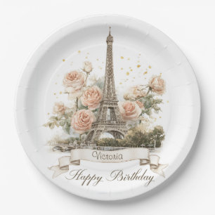 Eiffelturm "Happy Birthday" mit Individuelle Name Pappteller