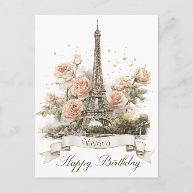 Eiffelturm "Happy Birthday" mit Individuelle Name Postkarte (Vorderseite)