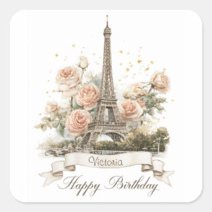 Eiffelturm "Happy Birthday" mit Individuelle Name Quadratischer Aufkleber