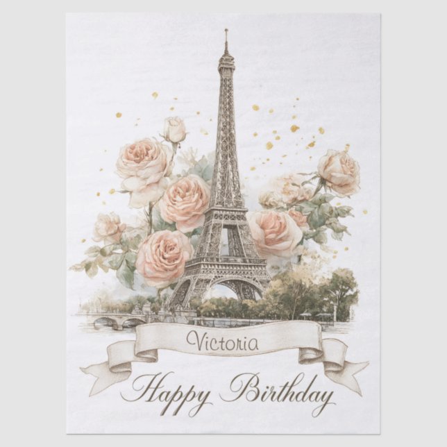 Eiffelturm "Happy Birthday" mit Individuelle Name Seidenpapier (Vorderseite)