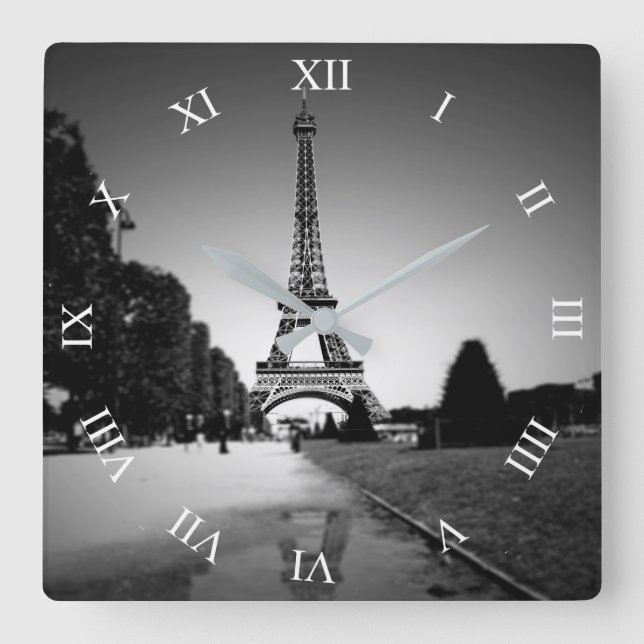 Eiffelturm im B&W Spotlight Square Wall Clock Quadratische Wanduhr (Vorderseite)