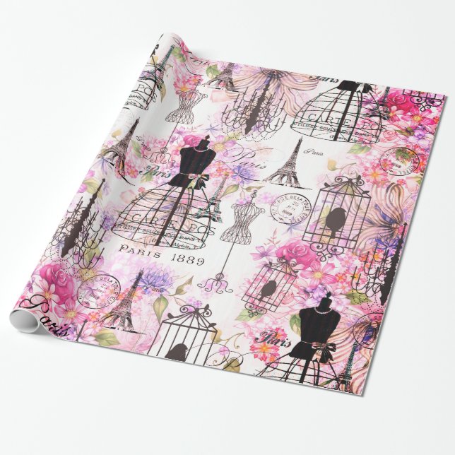 Eiffelturm im Vintagen Stil mit rosa Blumen Geschenkpapier (Ungerollt)