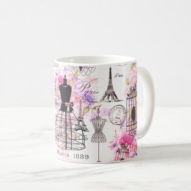 Eiffelturm im Vintagen Stil mit rosa Blumen Kaffeetasse (VorderseiteRechts)
