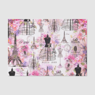 Eiffelturm im Vintagen Stil mit rosa Blumen Seidenpapier