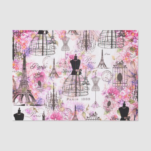 Eiffelturm im Vintagen Stil mit rosa Blumen Seidenpapier (Vorderseite)