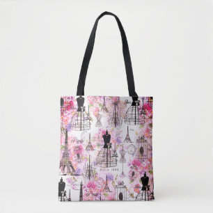 Eiffelturm im Vintagen Stil mit rosa Blumen Tasche