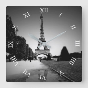 Eiffelturm in B&W-Scheinwerferlicht Quadratische W Wanduhr