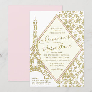 Eiffelturm La Quinceanera Blush and Gold Damask Einladung