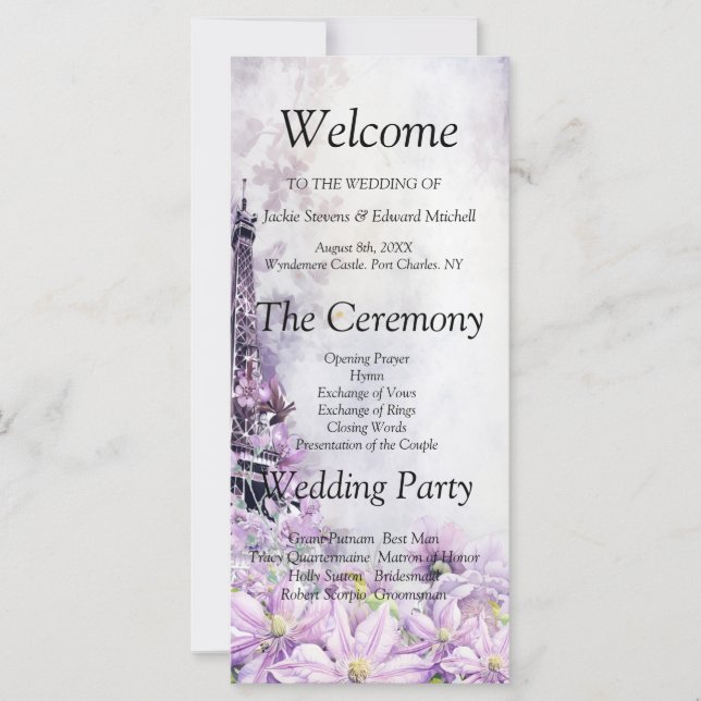 Eiffelturm Lavender Romance Hochzeitsprogramm (Vorderseite)