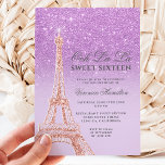 Eiffelturm lila Glitzer Lavendel Sweet 16 Einladung<br><div class="desc">Ein modernes,  elegantes und glamouröses 16 . Geburtstag mit handgezeichneter Rose Gold Glitzer Französisch Paris Thema Eiffelturm mit lila Glitzer ombre Farbverlauf Glitzern auf einem bearbeitbaren pastellfarbenen lila Lavendel Hintergrund.</div>