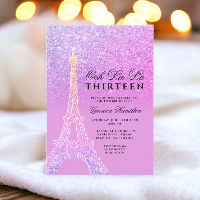Eiffelturm lila Glitzer rosa Chic dreizehn Einladung (Eiffel tower purple glitter pink chic thirteen invitation)