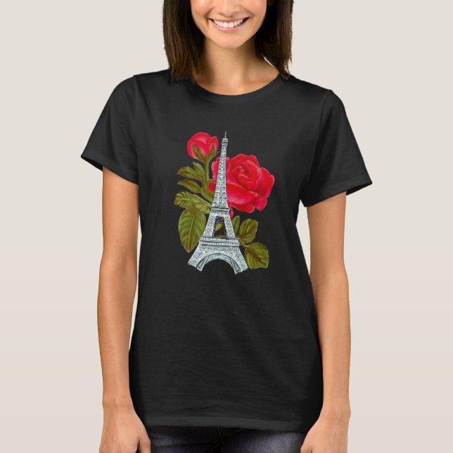 Eiffelturm mit Rose Liebe Paris Rose Französischer T-Shirt (Vorderseite)