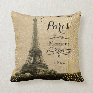 Eiffelturm Paris Beige Faux Gold Monogramm Name Kissen