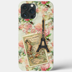 Eiffelturm Paris Erröten Pfirsich Rosa Blumenmuste iPhone 13 Pro Max Hülle