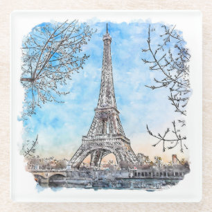 Eiffelturm Paris Frankreich Handgezeichnetes Wasse Glasuntersetzer