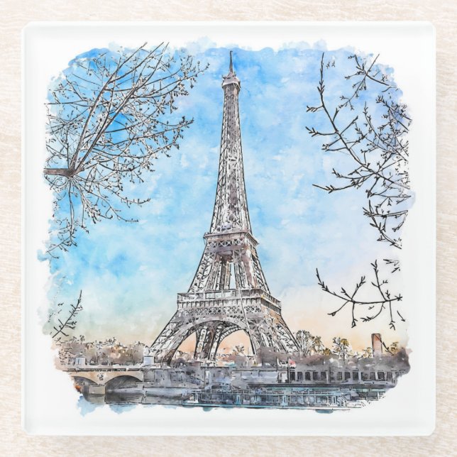 Eiffelturm Paris Frankreich Handgezeichnetes Wasse Glasuntersetzer (Vorderseite)