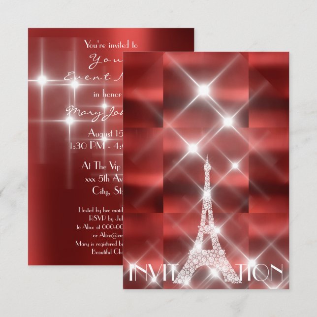Eiffelturm Paris Funkelnd Stars Roter Wein Diamant Einladung (Vorne/Hinten)