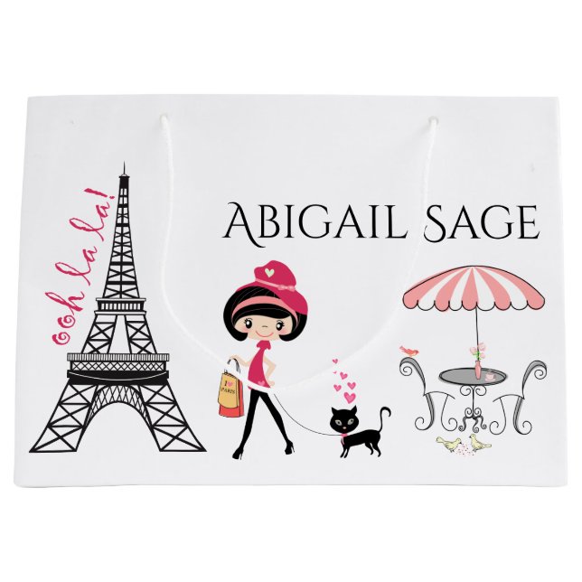 Eiffelturm Paris Girl and Cat Black and Pink Große Geschenktüte (Vorderseite)