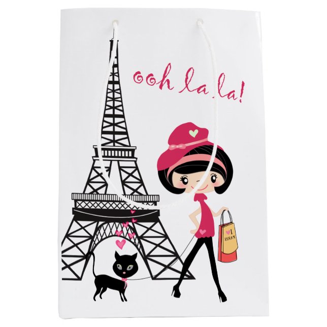 Eiffelturm Paris Girl and Cat Black and Pink Mittlere Geschenktüte (Vorderseite)
