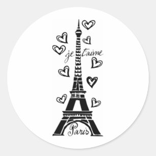 EIFFELTURM PARIS JE T'AIME UND HERZ-DRUCK RUNDER AUFKLEBER