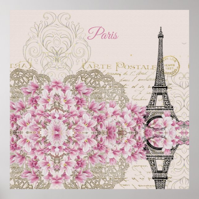 Eiffelturm, Paris Rosa Magnolia Poster (Vorne)