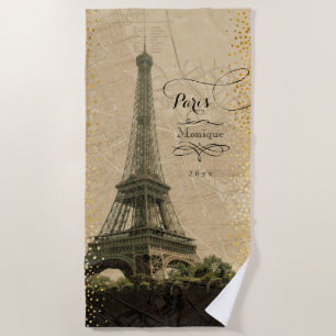 Eiffelturm Paris Vintage Karte Gold Dots Monogramm Strandtuch