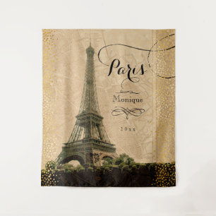 Eiffelturm Paris Vintage Karte Gold Dots Monogramm Wandteppich