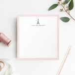 Eiffelturm Personalisiert Notizblock<br><div class="desc">Fügen Sie Ihrem Schreibtisch eine Touch Paris-Stil hinzu! Einfach und schick präsentiert sich unser personalisiertes Memo Notizblock mit Ihrem Namen oder Monogramm und einer kleinen, handgezeichneten Eiffelturm-Silhouette in Schwarz. Ein dünner Rand von pastellfarbenem Rosa verleiht einen weichen Pop.</div>