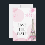 Eiffelturm Pink Paris Sweet 16 Save The Date<br><div class="desc">Passen Sie dieses elegante Paris-Thema Gerettet die Date-Karte für Ihre eigene Veranstaltung. Die Karte zeigt eine Aquarellbilder des Eiffelturms auf beiden Seiten und ist mit rosa Buche und dem Pariser Satz "ooh la la!" dekoriert. Der Text auf der Vorderseite lautet einfach "Save the Date" und alle Ihre persönlichen Angaben sind...</div>