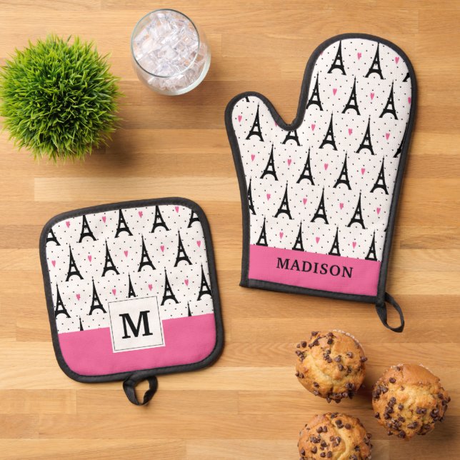 Eiffelturm Polka Dots & Hearts Muster Ofenhandschuh & Topflappen-Set (Oben Unten)