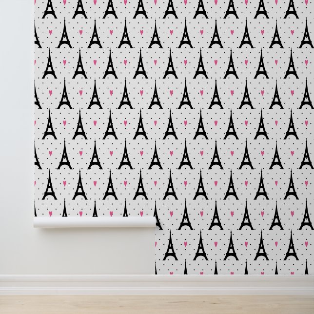 Eiffelturm Polka Dots & Hearts Muster Tapete (Anwendung)