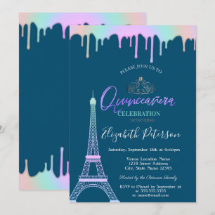Eiffelturm, Regenbogen-Tropfen Blaue Quinceañera Einladung