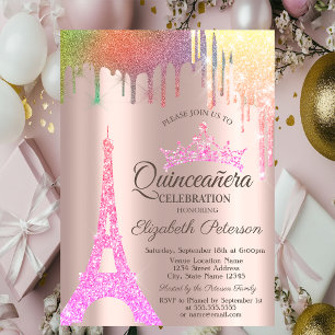 Eiffelturm, Regenbogen-Tropfen Rosen-Gold Quinceañ Einladung
