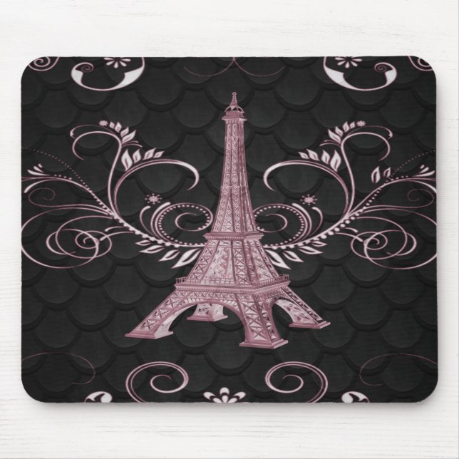 Eiffelturm Rosa Blumenwirbel Mousepad (Vorne)