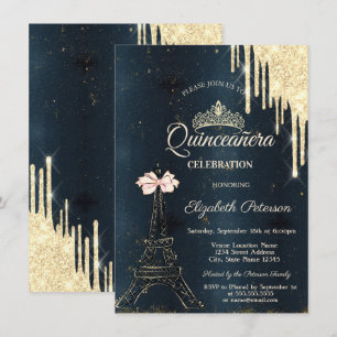 Eiffelturm-Rosa-Bow-Tiara, tropft Blaue Quinceañer Einladung