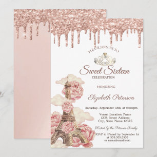 Eiffelturm Rose Gold Glitter Tropfen Sweet 16 Einladung