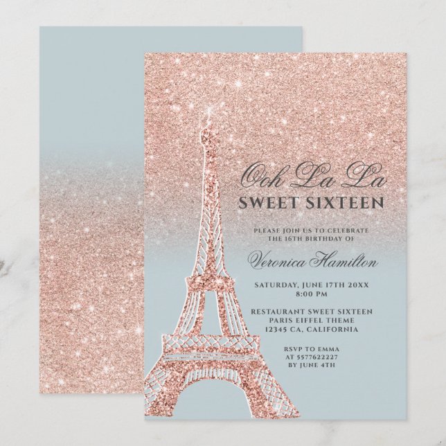 Eiffelturm Rose Gold Glitzer Eisblau Süß 16 Einladung (Vorne/Hinten)