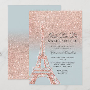 Eiffelturm Rose Gold Glitzer Eisblau Süß 16 Einladung