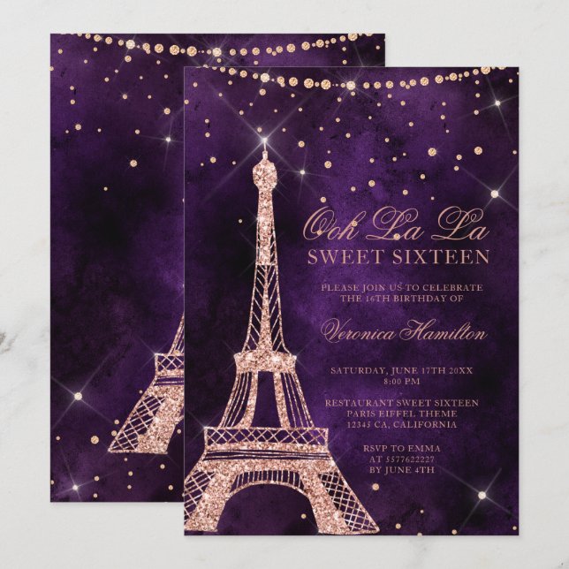 Eiffelturm Rose Gold Glitzer lila Sweet 16 Einladung (Vorne/Hinten)